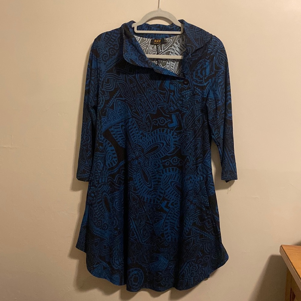 Black and Blue Winter Dress With Asymmetrical Collar